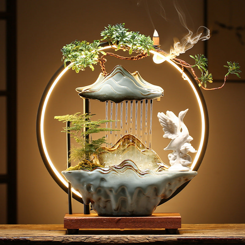 Sheila Merchandise lucky flowing waterscape decor water fountain with mountain design and ceramic bird