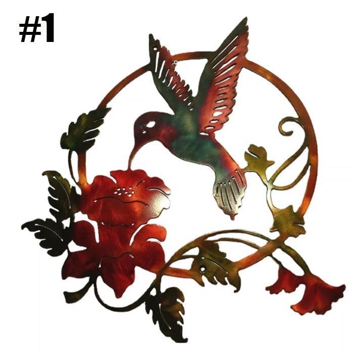 Sheila Merchandise metal hummingbird wall art with vibrant bird and red flower design