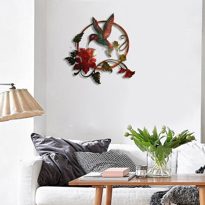 Sheila Merchandise metal hummingbird wall art with vibrant colors hanging on white living room wall