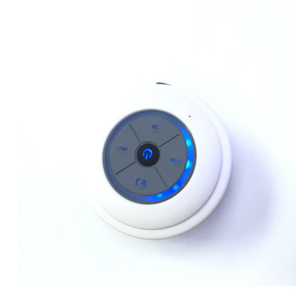 Sheila Merchandise mini waterproof Bluetooth speaker in white with blue LED lights and control buttons
