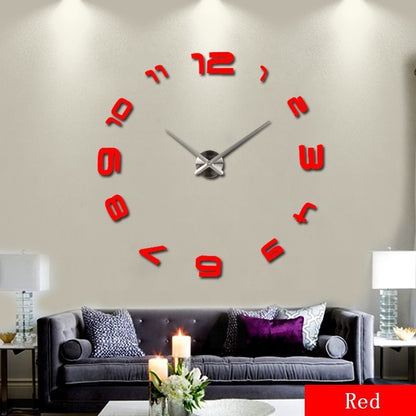 Luxury acrylic wall clock with oversized red numbers on a living room wall above a gray sofa