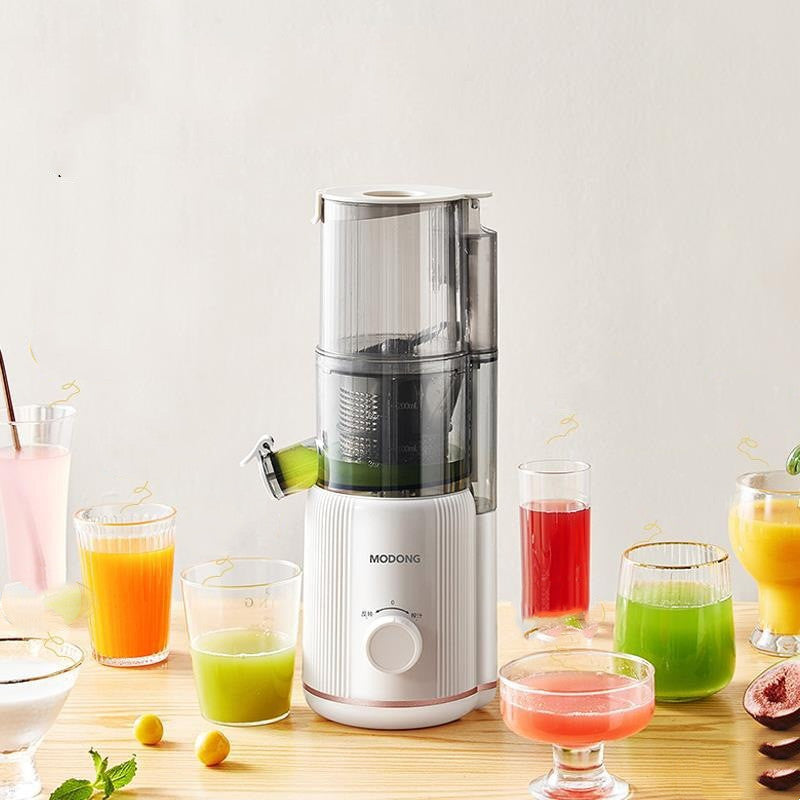 Sheila Merchandise home juicing machine with fresh colorful fruit juices displayed on wooden table