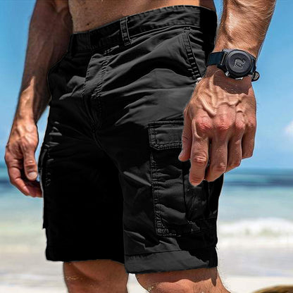 Sheila Merchandise black multi pocket cargo shorts for men worn at the beach with a sporty watch