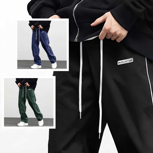 Men's comfortable jogger pants in black, blue, and green with side pockets for casual wear