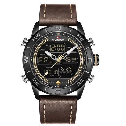 Stylish men's watch with black dial, digital and analog display, and brown leather strap