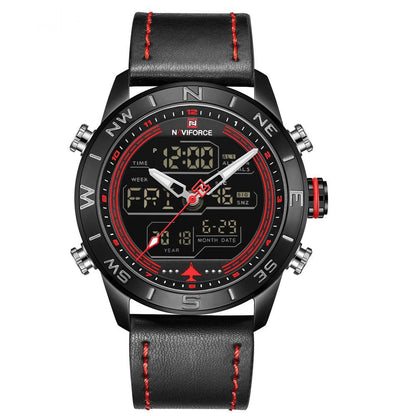 Sheila Merchandise stylish men's watch with black leather strap and red stitching accents