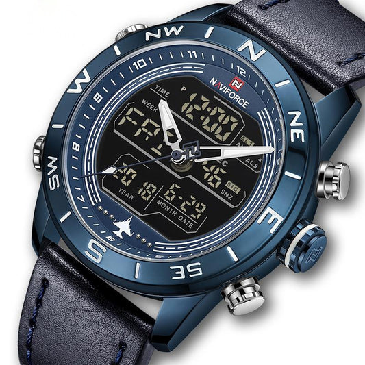 Stylish men's watch by Sheila Merchandise with blue case, digital and analog display, and leather strap