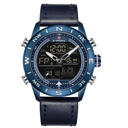 Men's fashion watch with leather band featuring a digital display and blue case design