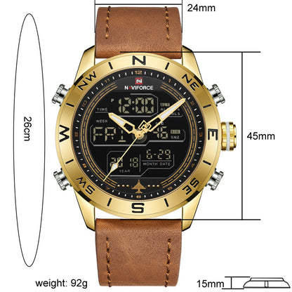 Stylish men's fashion watch with leather band featuring a gold-tone case and digital display