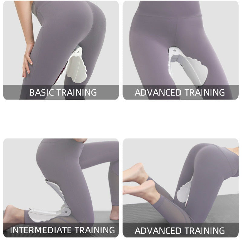 Pelvic floor muscle trainer hip trainer for bladder control shown in basic, intermediate, and advanced inner thigh training positions