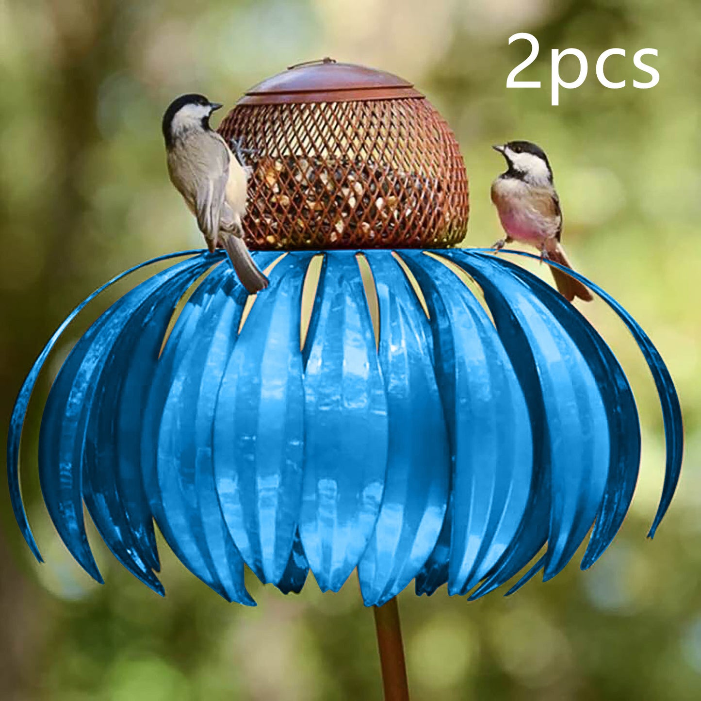 Sheila Merchandise petal shaped bird feeder in blue with two birds perched on it outdoors
