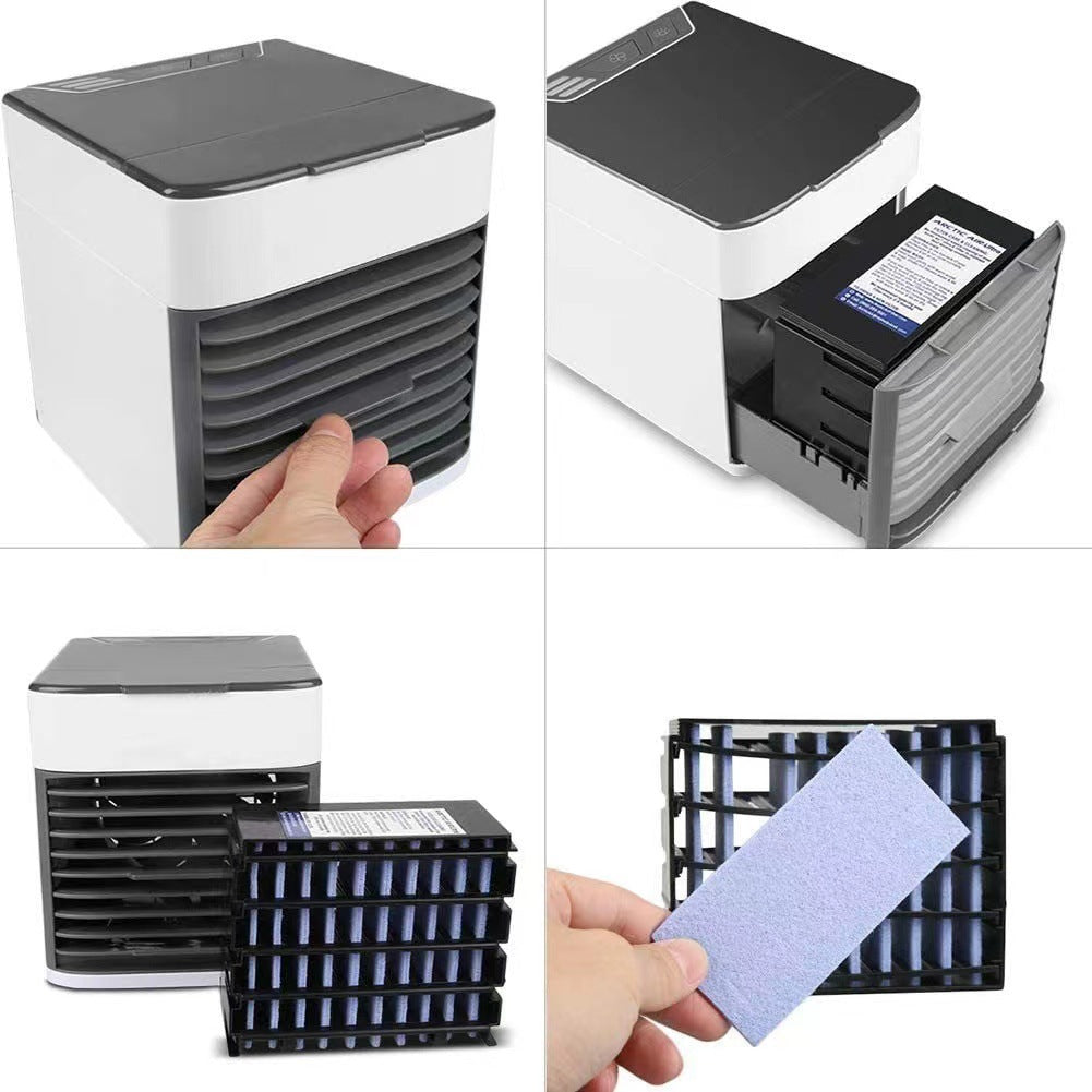 Sheila Merchandise portable air conditioner fan showing front, filter removal, and replacement filters