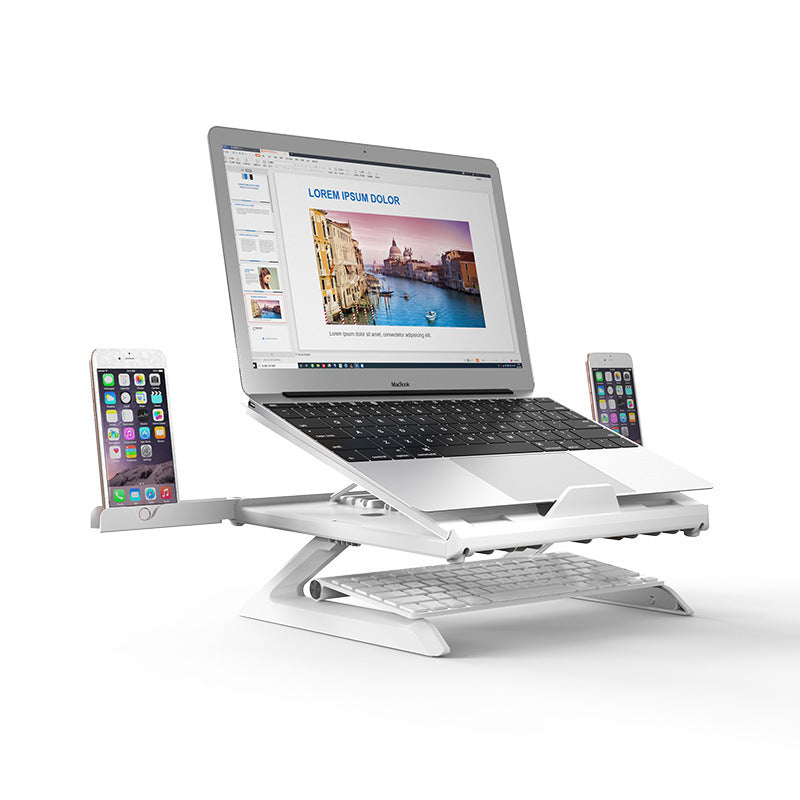 Portable laptop stand aluminum with adjustable height and dual phone holders for enhanced workspace efficiency
