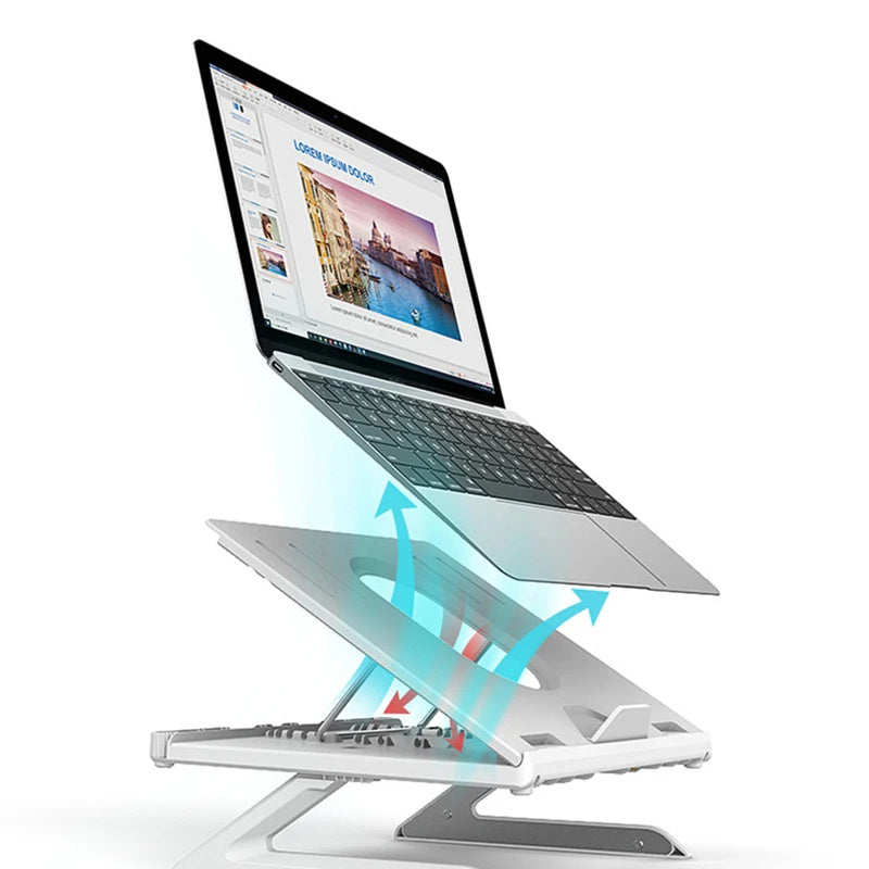 Portable laptop stand aluminum with adjustable height for better ergonomics and airflow