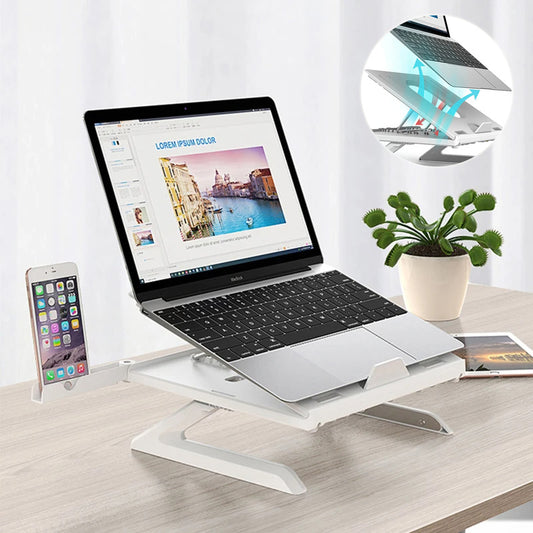 Portable laptop stand aluminum with adjustable height and phone holder for ergonomic comfort
