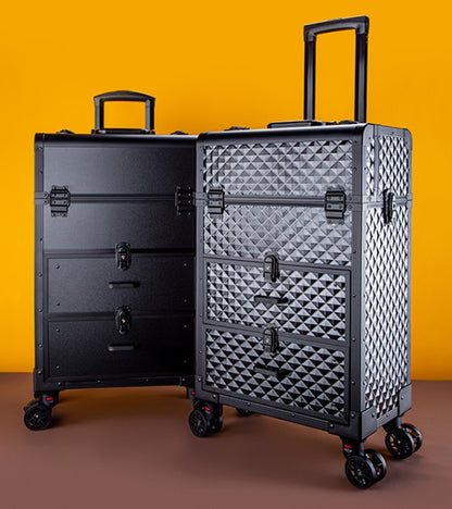 Sheila Merchandise portable makeup organizer with wheels featuring black textured storage compartments and telescopic handles