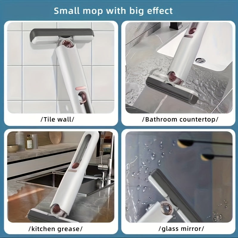 Portable self-squeeze mini mop ideal for cleaning tile walls, bathroom counters, and glass surfaces