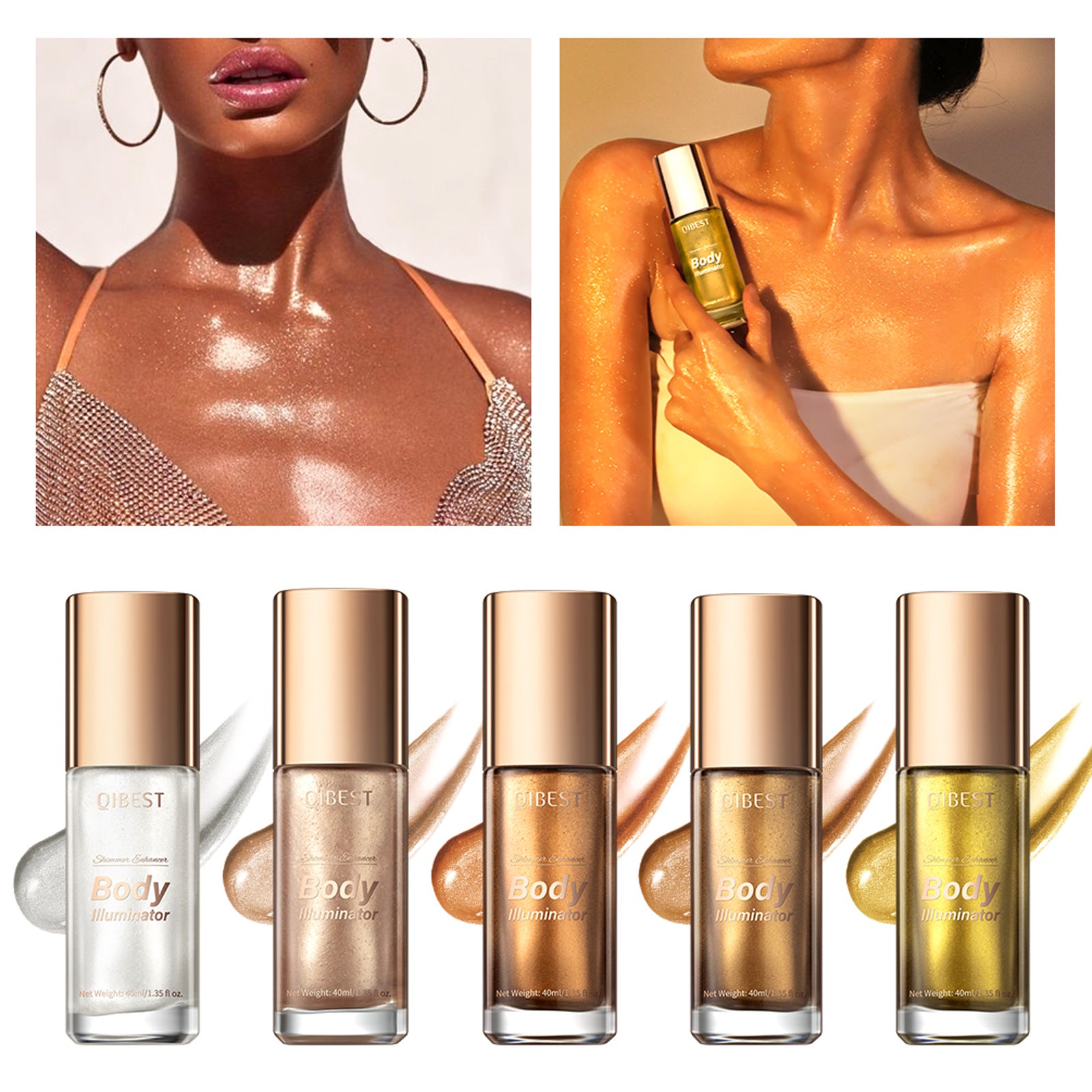 Sheila Merchandise illuminating body highlighter in five shades with application examples on glowing skin