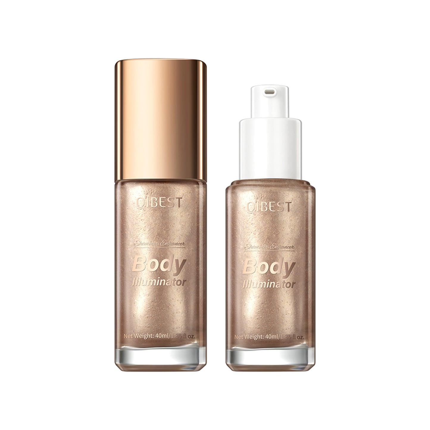 Sheila Merchandise illuminating body highlighter bottles in gold packaging with pump and cap options