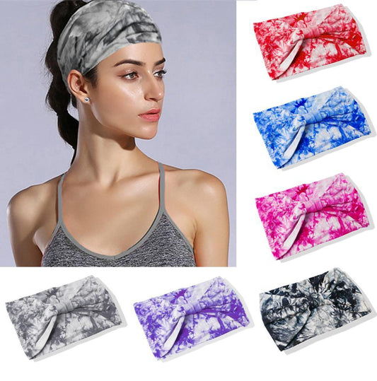 Sheila Merchandise retro tie dye headband in multiple colors worn by woman and displayed flat