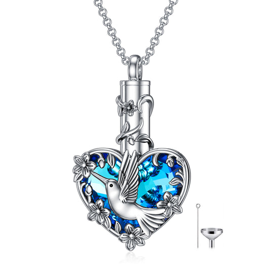 Crystal hummingbird urn necklace in sterling silver with blue heart gem for hummingbird cremation jewelry