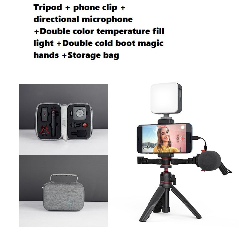 Portable desktop extension tripod with phone clip, directional microphone, fill light, and storage bag mobile phone tripod for vlogging