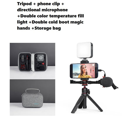Portable desktop extension tripod with phone clip, directional microphone, fill light, and storage bag mobile phone tripod for vlogging