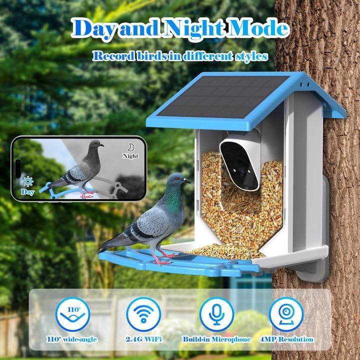 Smart solar bird feeder with daytime and nighttime recording features for birdwatching and nature enthusiasts
