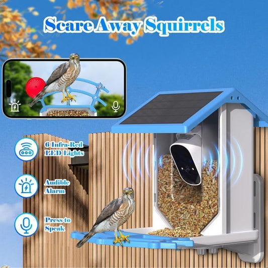 Smart solar bird feeder with infrared lights and audible alarm to deter squirrels