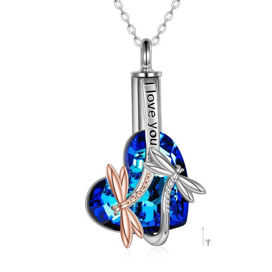 Sterling silver dragonfly urn necklace with blue heart crystal and dual-tone dragonfly charms