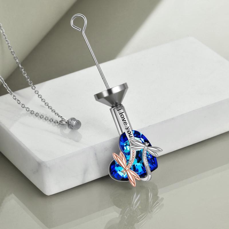 Sterling silver dragonfly urn necklace with blue crystal and engraved I love you message pendant