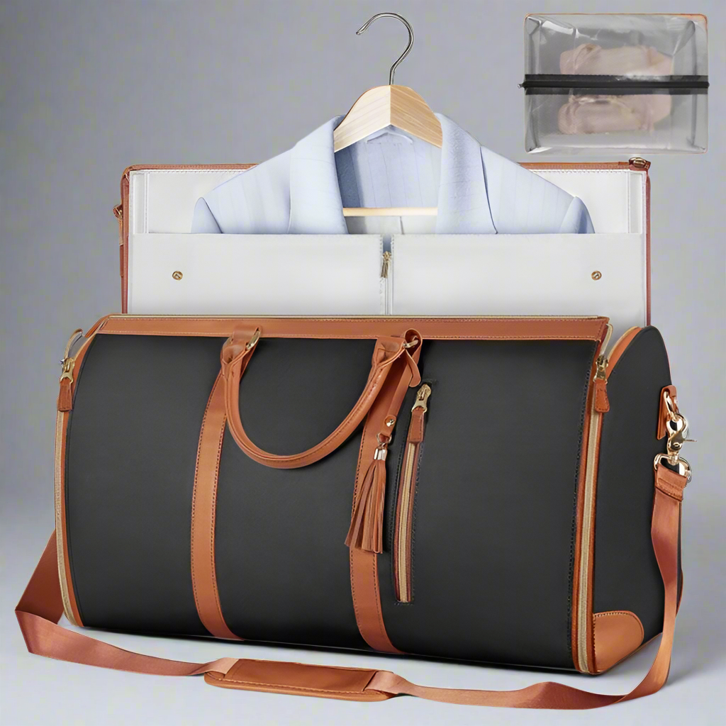 Stylish travel bag by Sheila Merchandise featuring a sleek design with tan accents and ample storage space