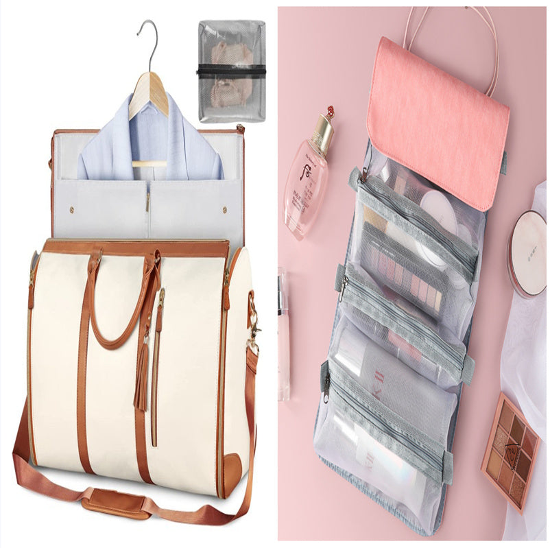 Stylish travel bag with separate compartments for clothing and cosmetics for organized travel