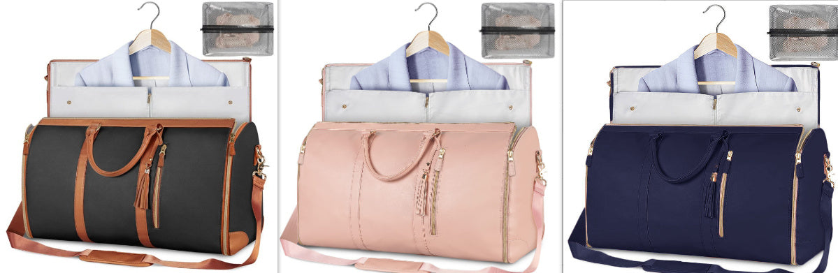 Three stylish travel bags in black, pink, and navy with spacious compartments and leather accents