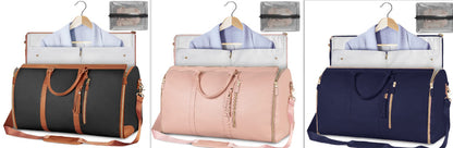 Three stylish travel bags in black, pink, and navy with spacious compartments and leather accents
