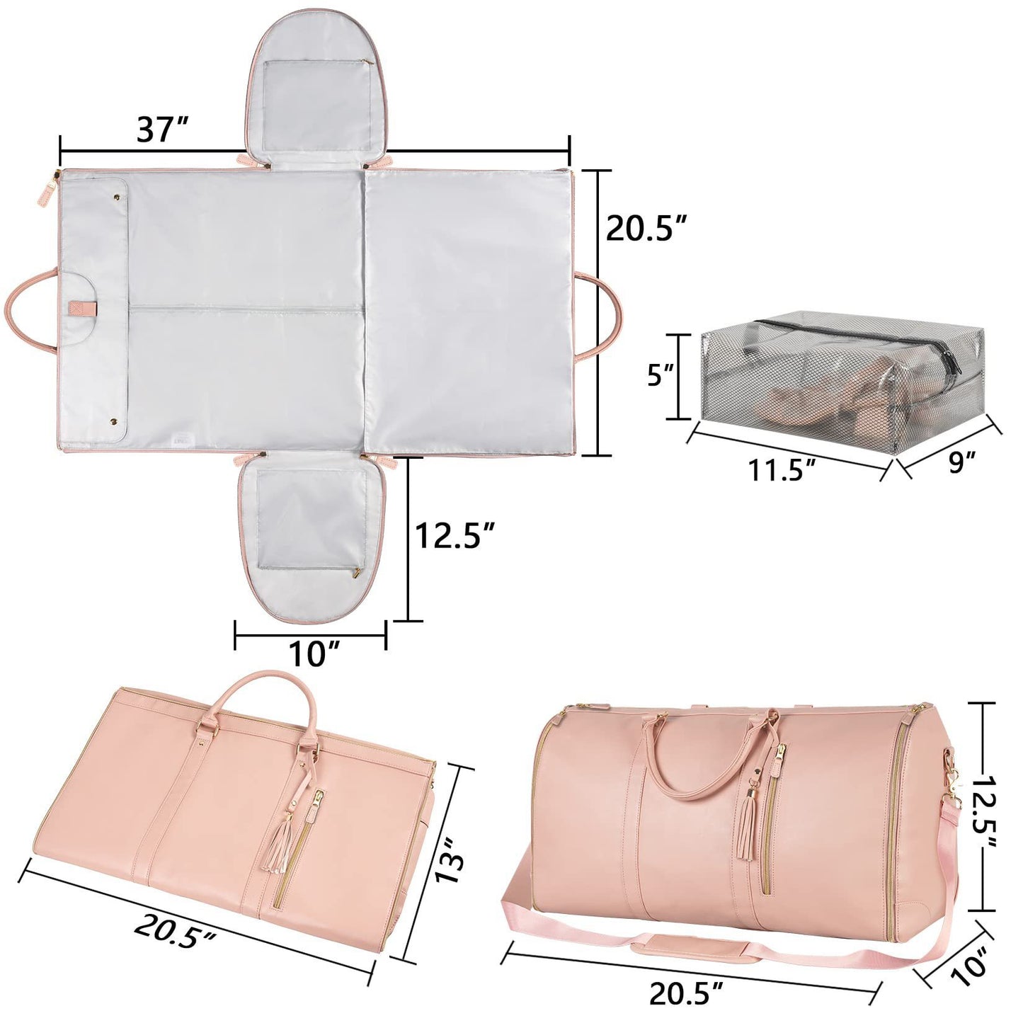 Stylish travel bag in soft pink with multiple compartments and detachable pouch for organized travel