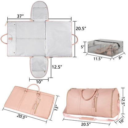 Stylish travel bag in soft pink with multiple compartments and detachable pouch for organized travel