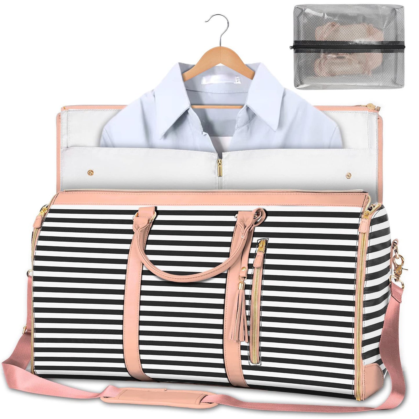 Stylish travel bag with a striped design, spacious interior, and a removable organizer pouch