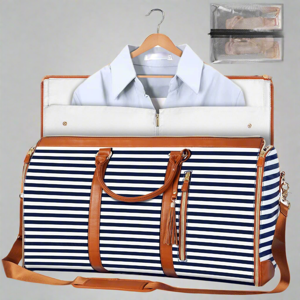 Sheila Merchandise stylish travel bag with navy stripes and brown leather accents for efficient packing