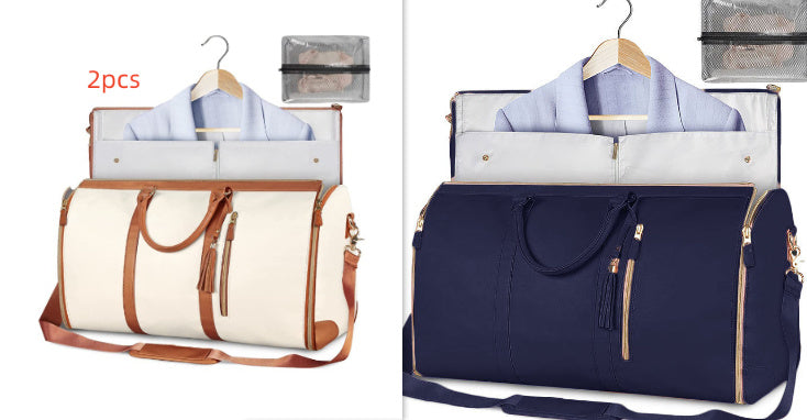 Two stylish travel bags in cream and navy with detachable pouches and adjustable straps