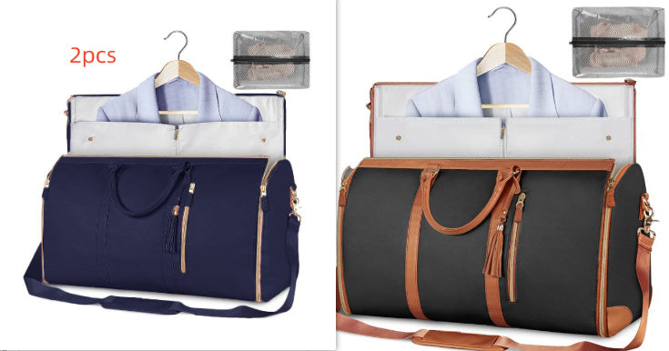 Stylish travel bag in navy and black with detachable organizer for convenient packing