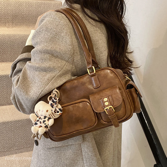Stylish underarm purse brown women's shoulder Boston bag with front pockets and plush keychain