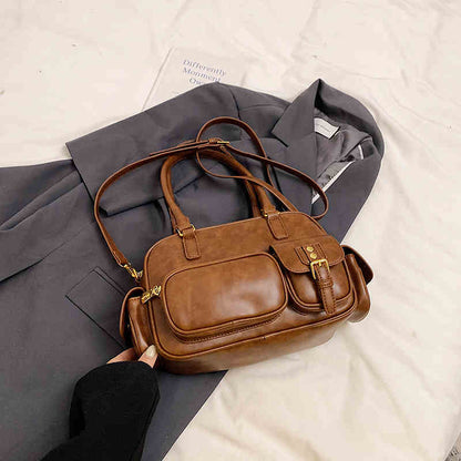 Brown women's shoulder underarm Boston bag by Sheila Merchandise stylish underarm purse on gray coat