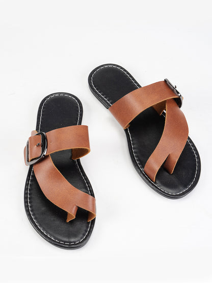 Sheila Merchandise summer beach flat sandals with brown buckle toe clip and black sole