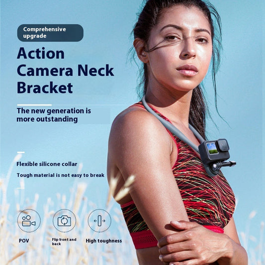 Sheila Merchandise action camera neck bracket with flexible silicone camera holder worn by woman outdoors