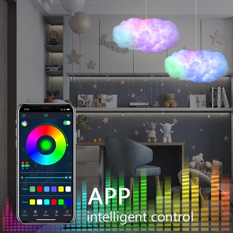 USB cloud light app control with colorful LED cloud lights hanging in a modern room and smartphone app interface