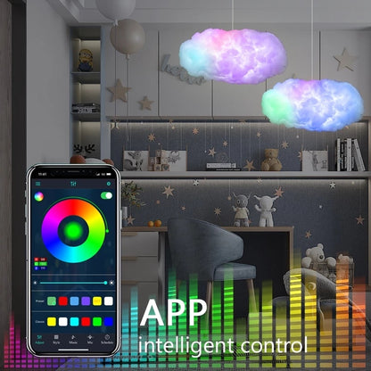 USB cloud light app control with colorful LED cloud lights hanging in a modern room and smartphone app interface