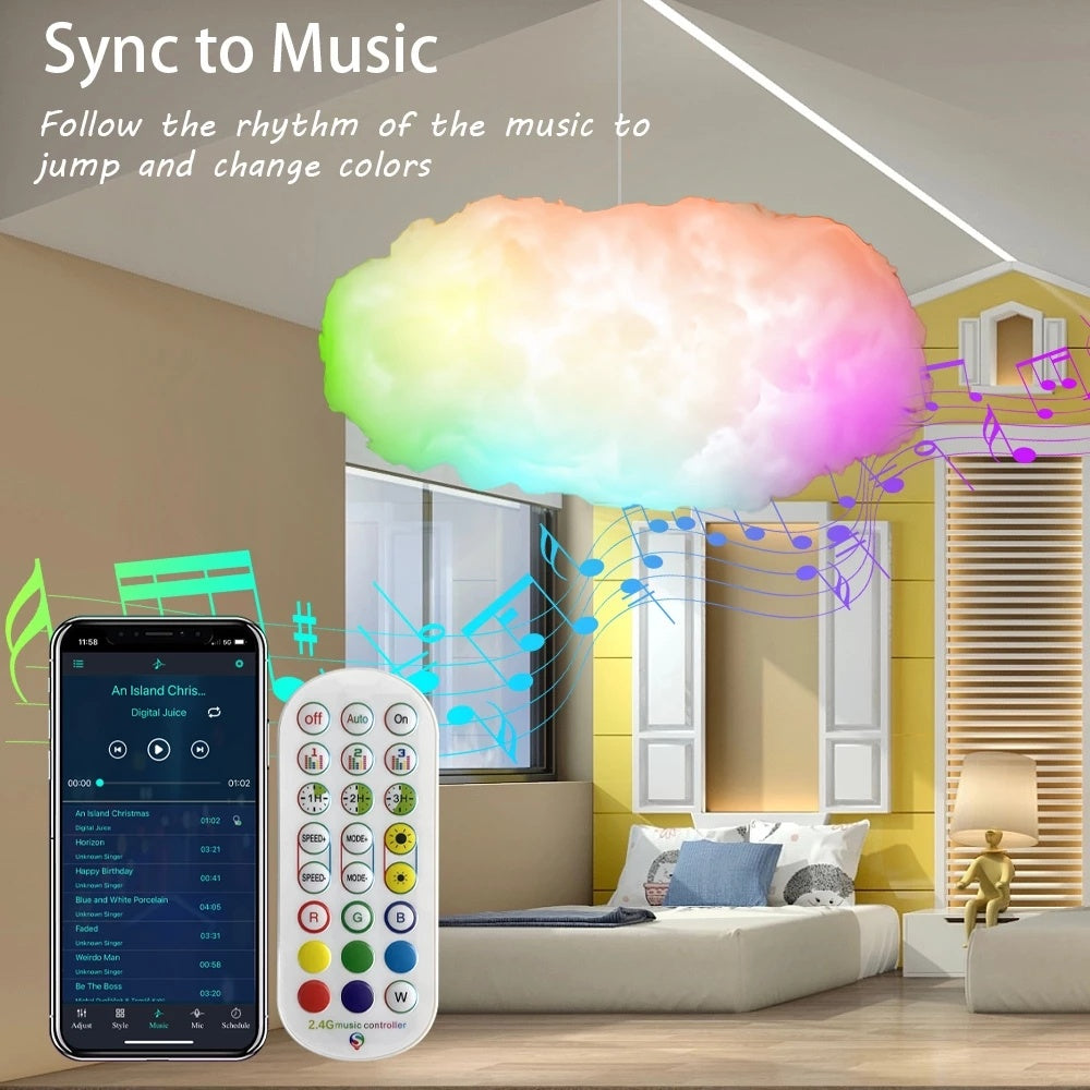 USB cloud light app control showing colorful cloud light syncing with music in modern bedroom