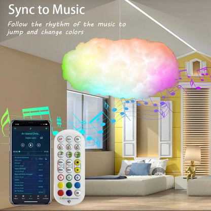 USB cloud light app control showing colorful cloud light syncing with music in modern bedroom