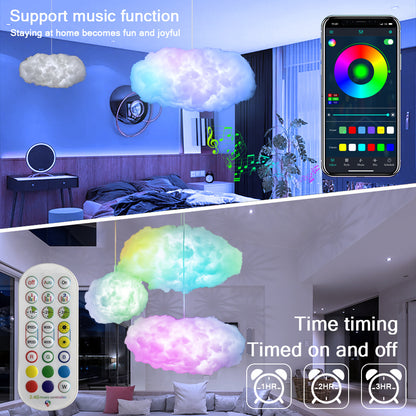 USB cloud light app control with multi-color LED lights hanging in rooms showing remote and smartphone app features